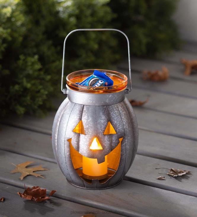 Houseware Plow & Hearth Halloween Pumpkin Metal Lantern with Flickering LED Candle - Silver NFLB2423