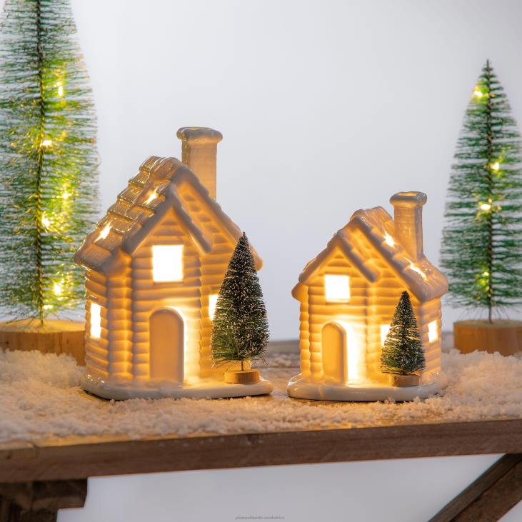 Houseware Plow & Hearth Lighted Houses with Bottle Brush Trees, Set of 2 NFLB2326
