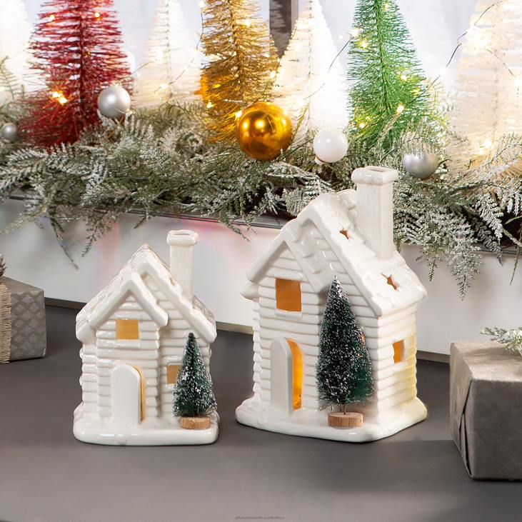 Houseware Plow & Hearth Lighted Houses with Bottle Brush Trees, Set of 2 NFLB2326