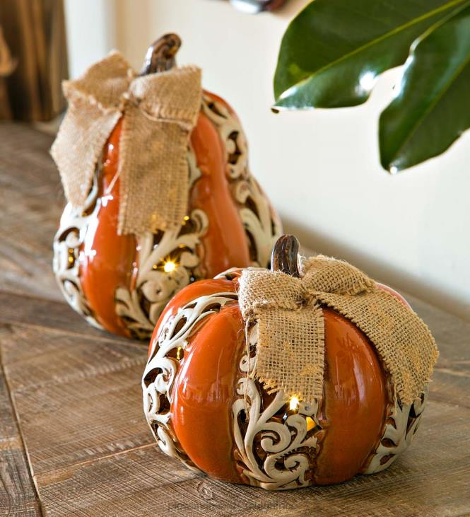 Houseware Plow & Hearth Lighted Scrollwork Ceramic Pumpkins, Set Of 2 NFLB2358