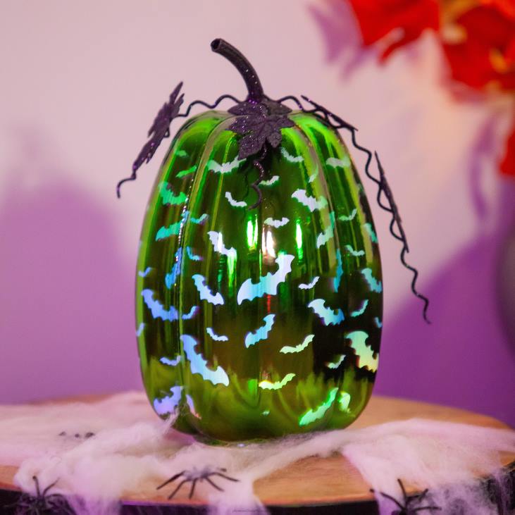 Houseware Plow & Hearth Mercury Glass Lighted Green Pumpkin with Bats - Bat NFLB2332