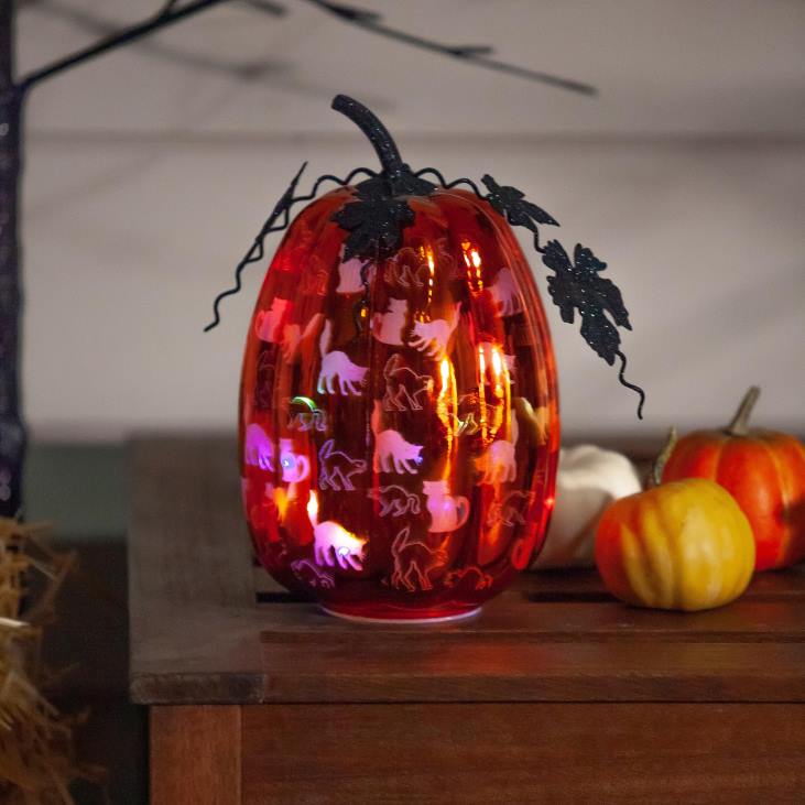 Houseware Plow & Hearth Mercury Glass Lighted Orange Pumpkin with Cats NFLB2382