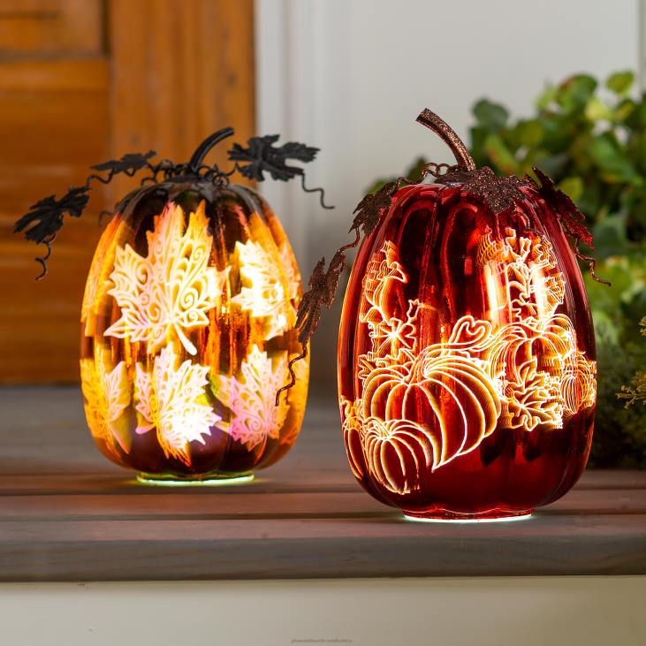 Houseware Plow & Hearth Mercury Glass Lighted Pumpkin Halloween Accent - Blue Spider Web NFLB2411