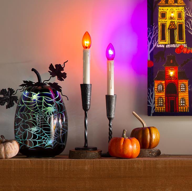 Houseware Plow & Hearth Mercury Glass Lighted Pumpkin Halloween Accent - Blue Spider Web NFLB2411