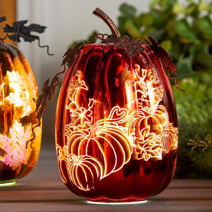 Houseware Plow & Hearth Mercury Glass Lighted Pumpkin Halloween Accent - Blue Spider Web NFLB2411