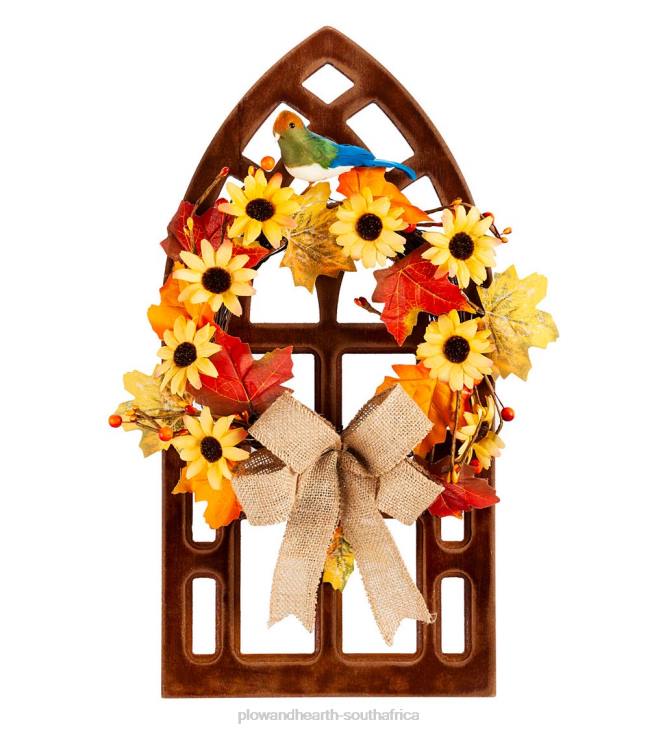 Houseware Plow & Hearth Light-Up Wreath on a Cathedral Window Wall Art NFLB2427
