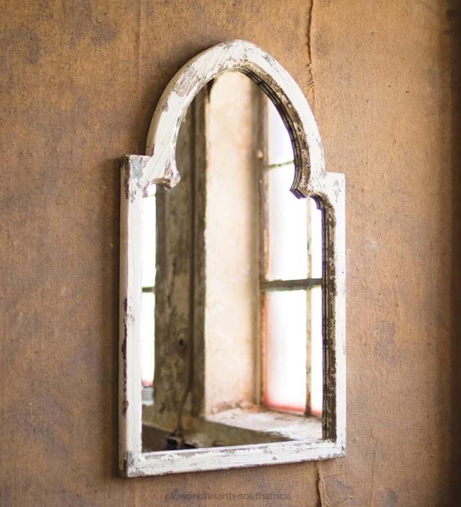 Houseware Plow & Hearth Rustic White Wood Arched Framed Mirror with Gold Accent NFLB2534