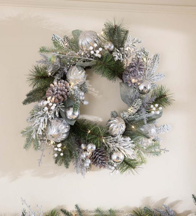 Houseware Plow & Hearth Lighted Silver Evergreen Holiday Wreath NFLB1712