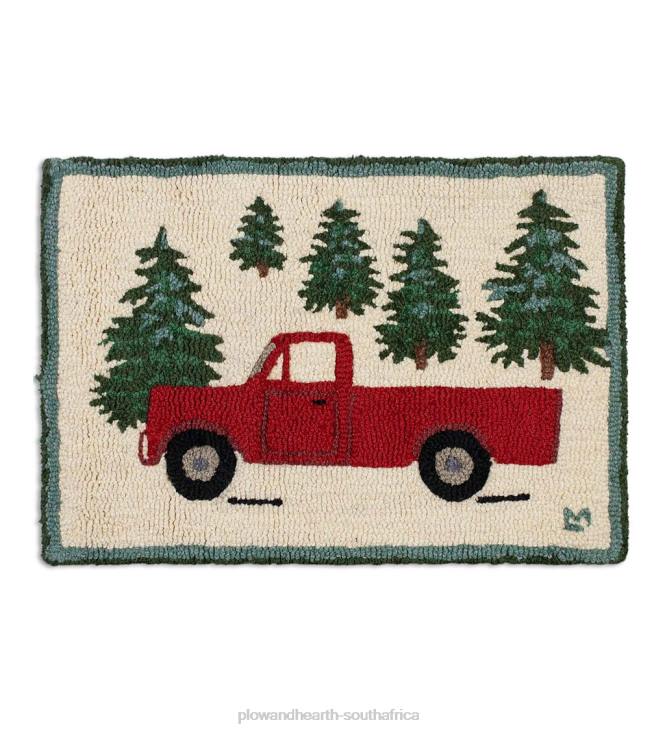 Rugs & Mats Plow & Hearth Hooked Wool Red Pickup Truck in Evergreen Forest Accent Rug - Red Truck NFLB1758