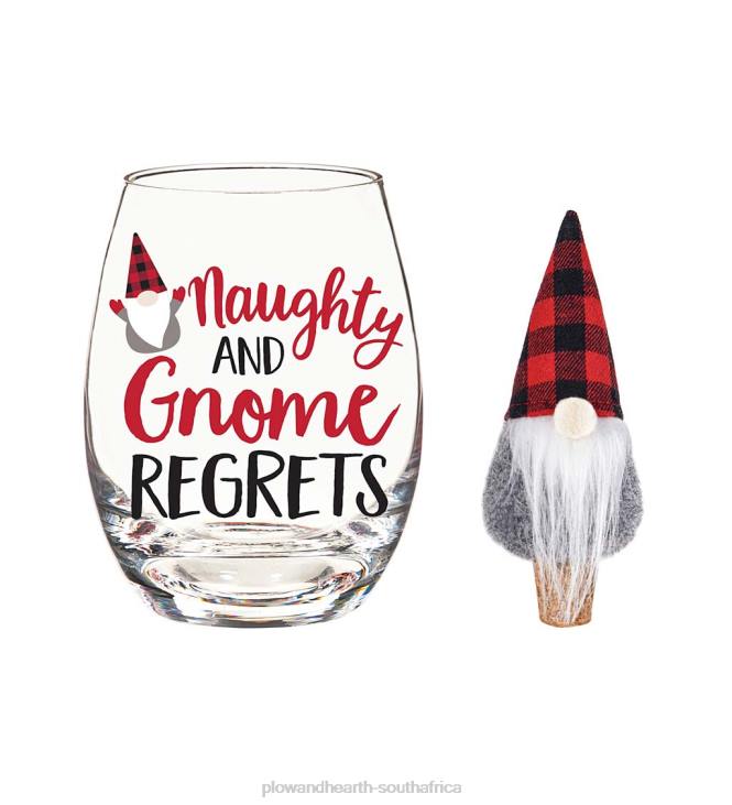 Seasonal & Gifts Plow & Hearth Naughty And Gnome Regrets 17 oz. Glass With Wine Stopper Gift Set NFLB2991