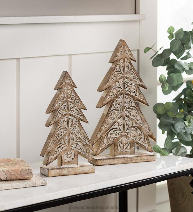 Seasonal & Gifts Plow & Hearth Carved Wooden Trees with Scroll Design, Set of 2 NFLB2190