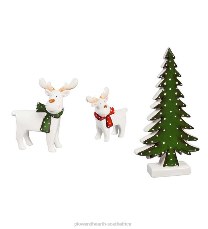 Seasonal & Gifts Plow & Hearth Ceramic Reindeer and Evergreen Tabletop Decor, Set of 3 NFLB2193