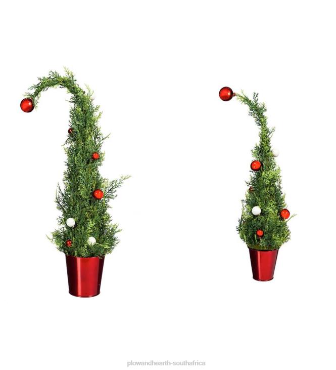 Seasonal & Gifts Plow & Hearth Faux Trees with Ornaments in Red Pots, Set of 2 NFLB2210