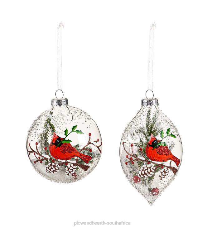 Seasonal & Gifts Plow & Hearth Glass Cardinal and Snow Christmas Tree Ornaments, Set of 2 NFLB2248