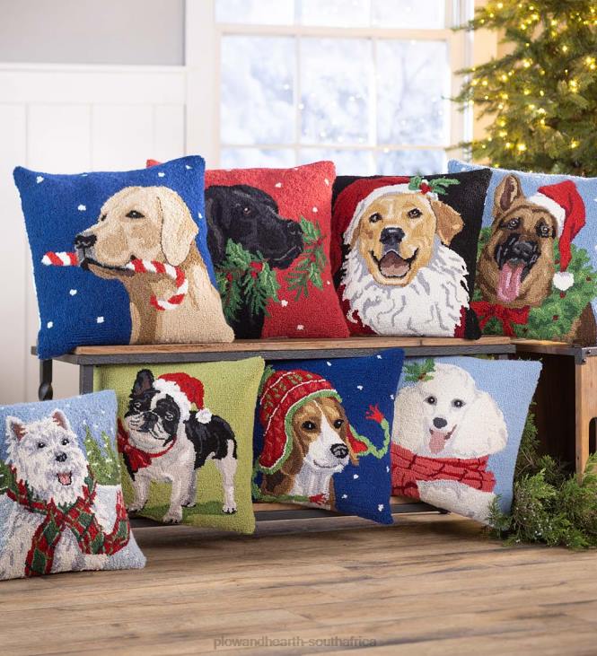 Seasonal & Gifts Plow & Hearth Holiday Poodle with Knit Scarf Hand-Hooked Wool Throw Pillow NFLB2228