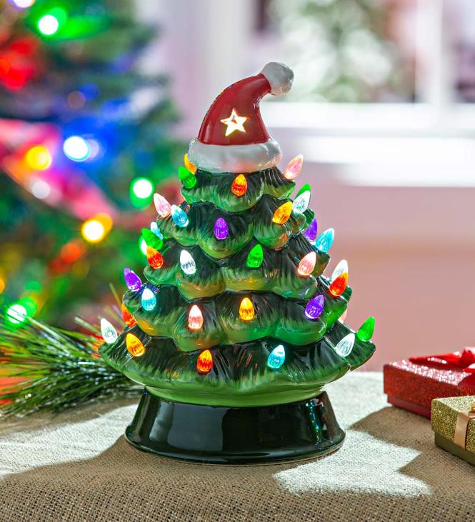 Seasonal & Gifts Plow & Hearth LED Ceramic Christmas Tree with Santa Hat NFLB2276