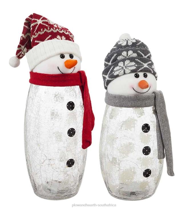 Seasonal & Gifts Plow & Hearth LED Crackle Glass Snowmen with Knit Hats, Set of 2 NFLB2231