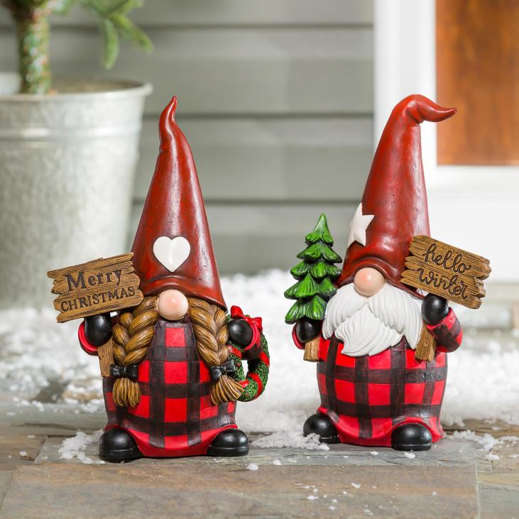 Seasonal & Gifts Plow & Hearth Plaid Winter Gnome Statues, Set of 2 NFLB2253