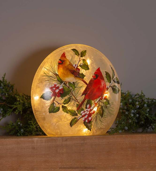 Seasonal & Gifts Plow & Hearth Winter Cardinals Frosted Glass Accent Light NFLB2144