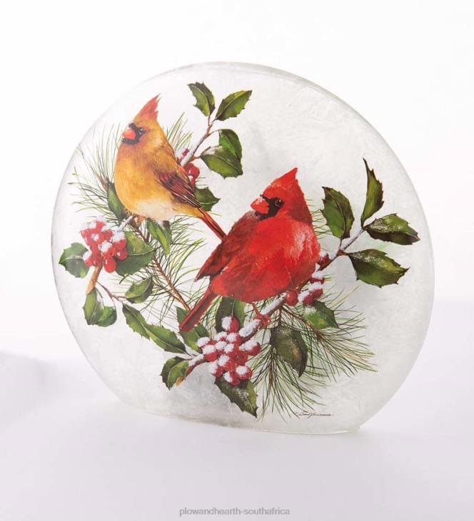Seasonal & Gifts Plow & Hearth Winter Cardinals Frosted Glass Accent Light NFLB2144