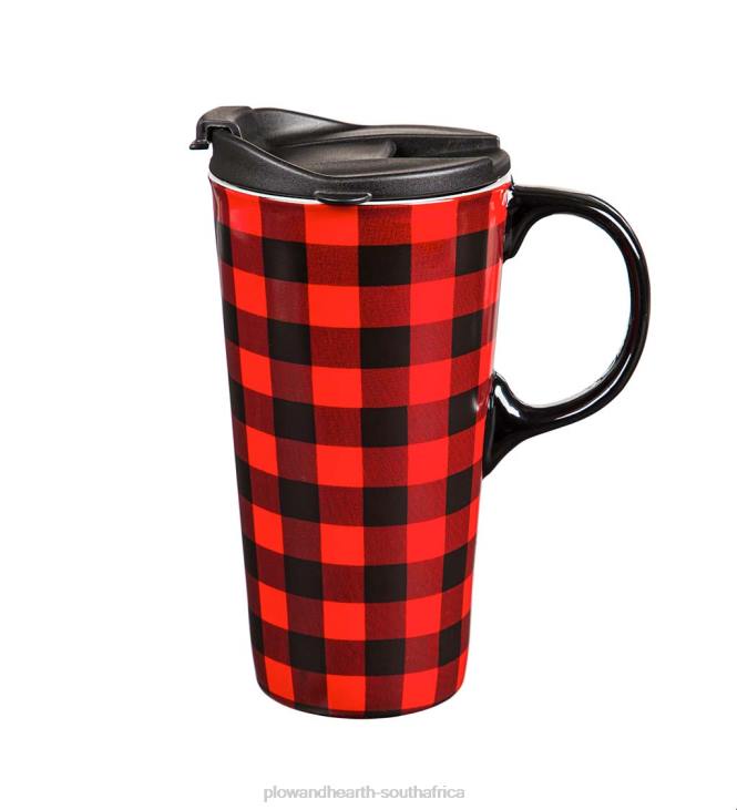 Seasonal & Gifts Plow & Hearth Red & Black Buffalo Plaid 17 oz. Ceramic Travel Cup With Gift Box NFLB3012