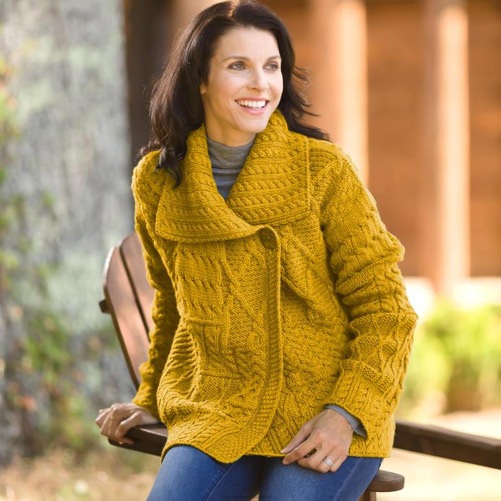 Seasonal & Gifts Plow & Hearth Merino Wool Corina Cardigan Sweater with Single-Button Front - Mustard - L (12-14) NFLB2981