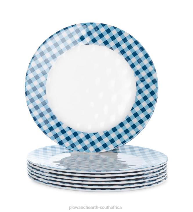 Seasonal & Gifts Plow & Hearth Blue Gingham Melamine Dinner Plates, Set of 6 - Lake NFLB3199