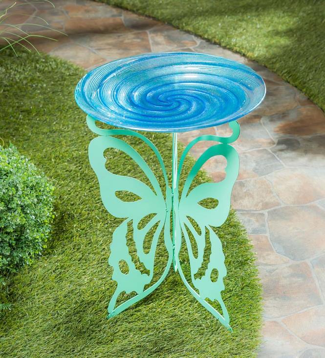 Yard & Garden Plow & Hearth Glass Birdbath with Laser Cut Butterfly Stand NFLB854