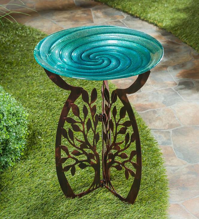 Yard & Garden Plow & Hearth Glass Birdbath with Laser Cut Tree of Life Stand NFLB845
