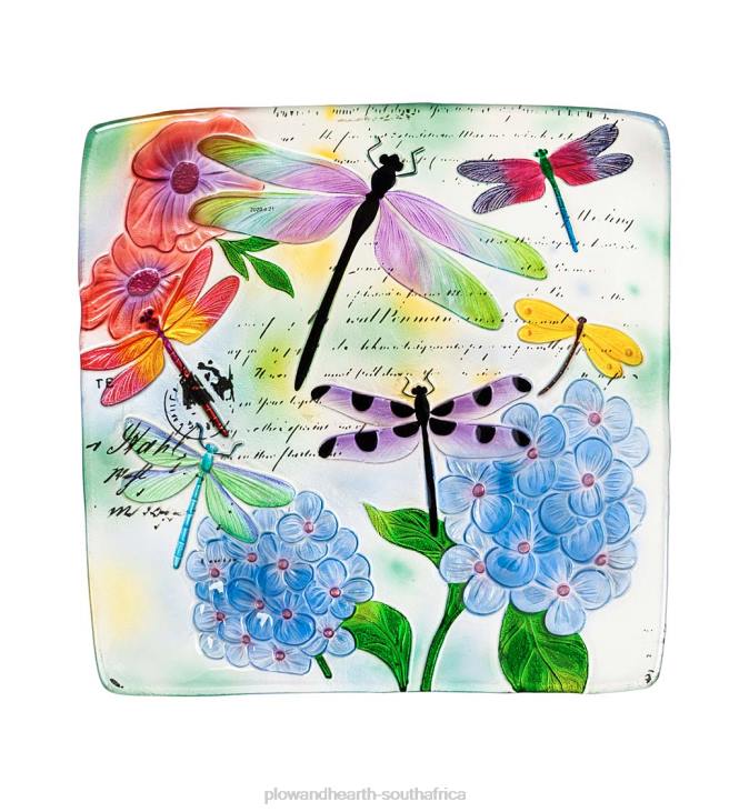Yard & Garden Plow & Hearth Hand-Painted Embossed Square Glass Dragonfly and Flowers Bird Bath NFLB843