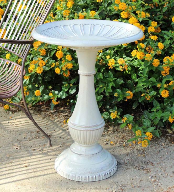 Yard & Garden Plow & Hearth Kingston Vintage White Standing Metal Birdbath on Pedestal NFLB841