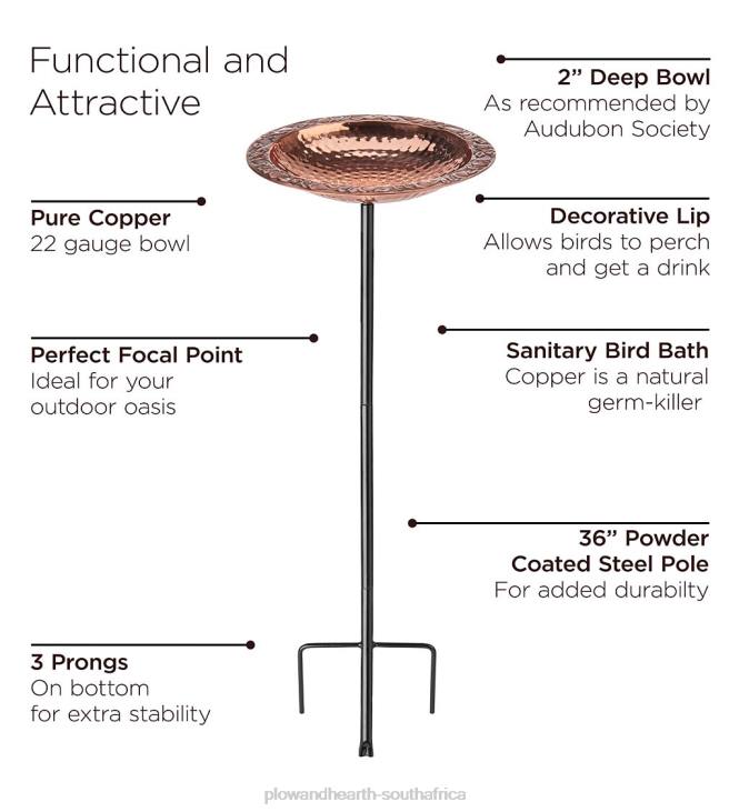 Yard & Garden Plow & Hearth Pure Copper Birdbath on Powder-Coated Steel Pole With Sturdy Three-Prong Stake NFLB830