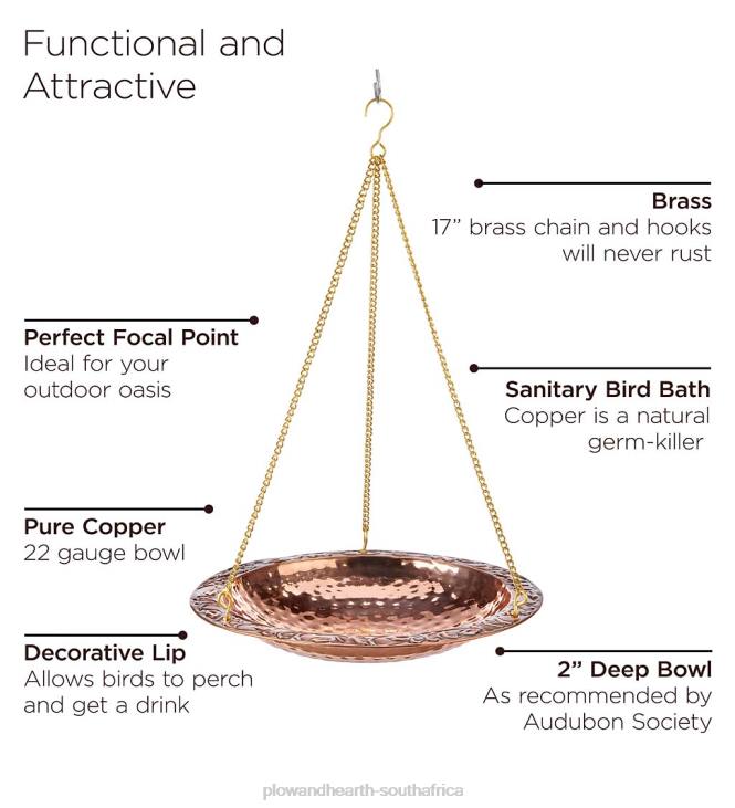 Yard & Garden Plow & Hearth Pure Copper Hanging Birdbath on 17Long Brass Chain with Hook NFLB852