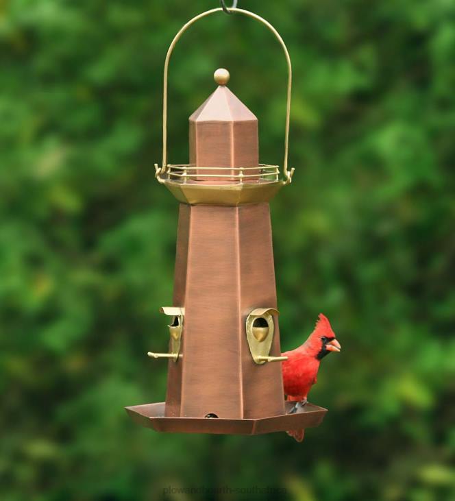 Yard & Garden Plow & Hearth Metal Lighthouse Bird Feeder with Copper and Brass Finish NFLB817
