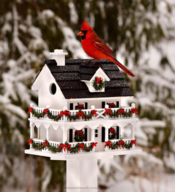 Yard & Garden Plow & Hearth Lighted Holiday Colonial Cottage Birdhouse and Pedestal Pole Set NFLB32