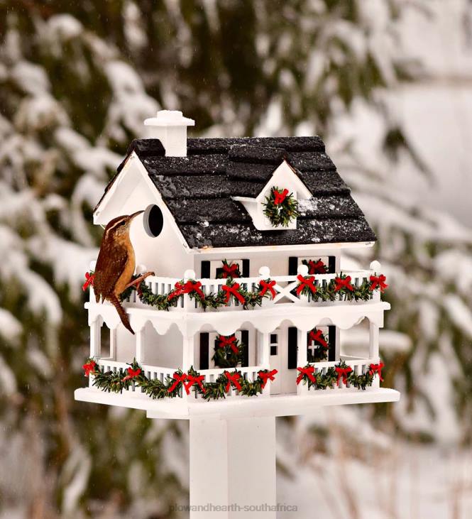 Yard & Garden Plow & Hearth Lighted Holiday Colonial Cottage Birdhouse and Pedestal Pole Set NFLB32