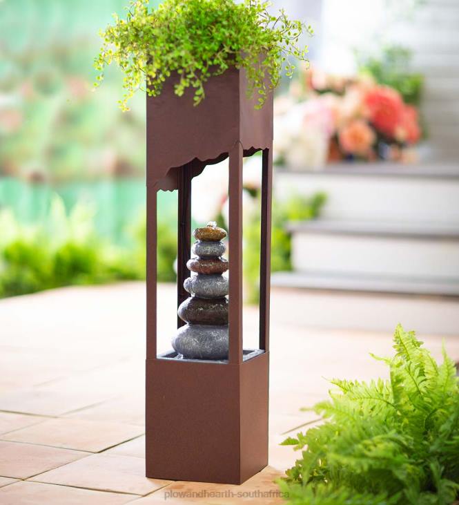 Yard & Garden Plow & Hearth Freestanding Electric Lighted Fountain with River Rock Cairn and Planter NFLB536