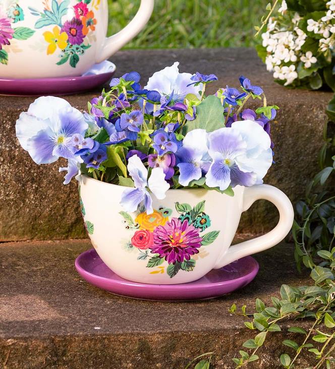 Yard & Garden Plow & Hearth Ceramic Floral Tea Cup Indoor/Outdoor Planter with Saucer - Pink NFLB117