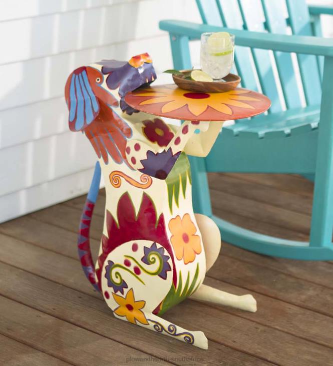 Yard & Garden Plow & Hearth Handmade Colorful Painted Folk Art Metal Dog Side Table NFLB76