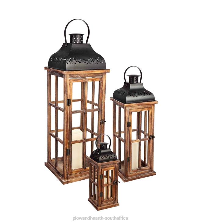 Yard & Garden Plow & Hearth Nested Wood and Metal Lantern Set with LED Candles NFLB389