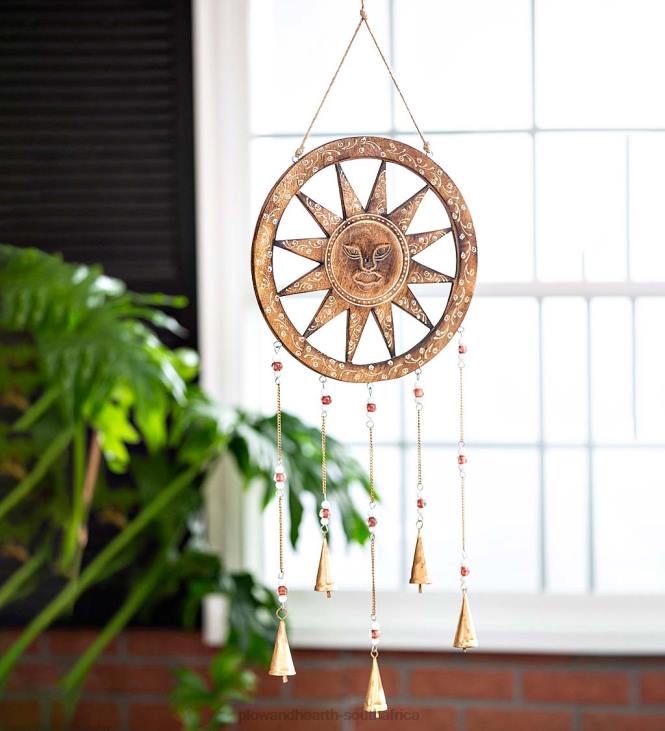 Yard & Garden Plow & Hearth Wooden Sun Dreamcatcher Wind Chime with Bells NFLB314