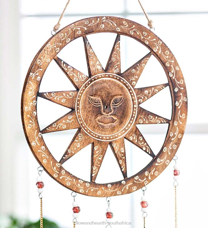 Yard & Garden Plow & Hearth Wooden Sun Dreamcatcher Wind Chime with Bells NFLB314