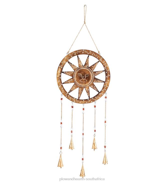 Yard & Garden Plow & Hearth Wooden Sun Dreamcatcher Wind Chime with Bells NFLB314