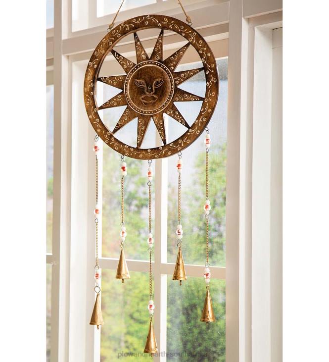 Yard & Garden Plow & Hearth Wooden Sun Dreamcatcher Wind Chime with Bells NFLB314