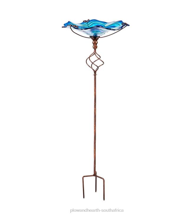 Yard & Garden Plow & Hearth Blue Swirl Glass Bird Bath with Garden Stake NFLB437