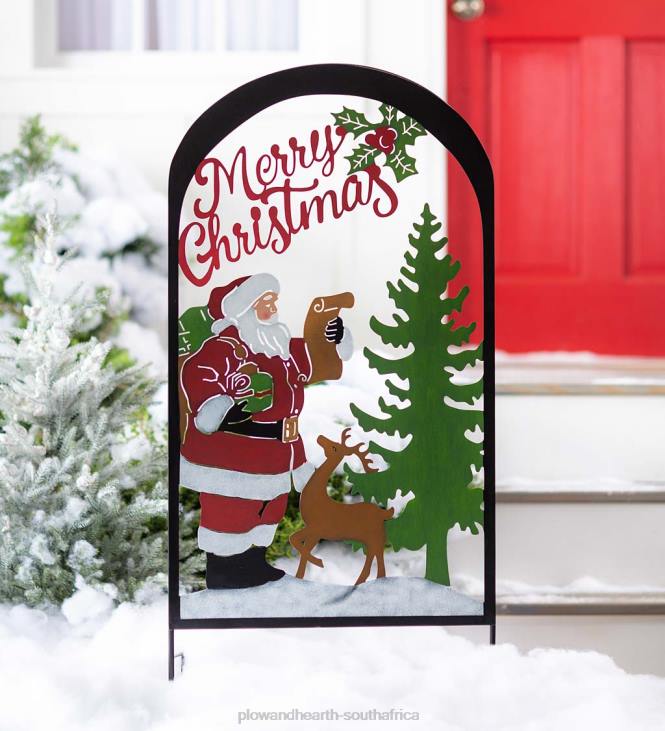 Yard & Garden Plow & Hearth Colorful Painted Santa and Reindeer Metal Garden Trellis Stake NFLB441