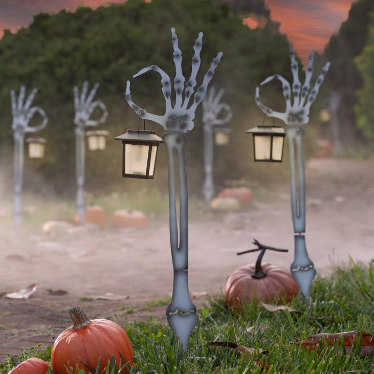 Yard & Garden Plow & Hearth Halloween Skeleton Arm Metal Stakes with Solar Lanterns, Set of 2 NFLB133