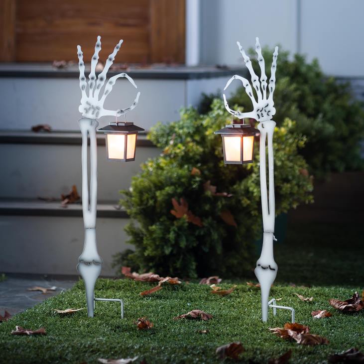 Yard & Garden Plow & Hearth Halloween Skeleton Arm Metal Stakes with Solar Lanterns, Set of 2 NFLB133