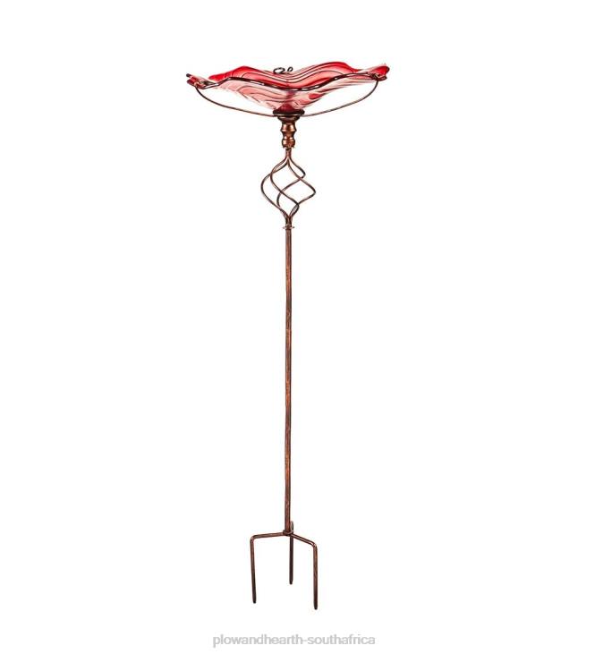 Yard & Garden Plow & Hearth Red Swirl Glass Birdbath with Garden Stake NFLB442
