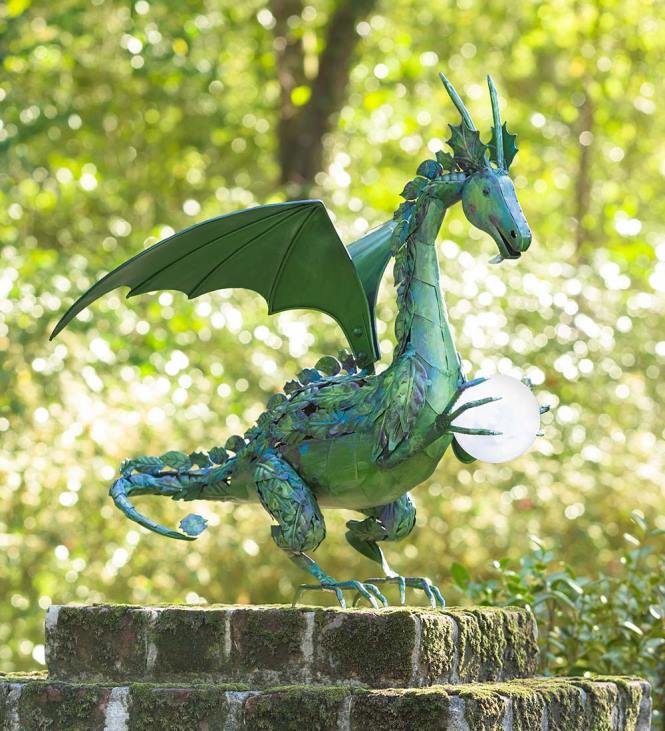 Yard & Garden Plow & Hearth Green Metal Dragon Statue Holding Solar-Powered Pearl NFLB84